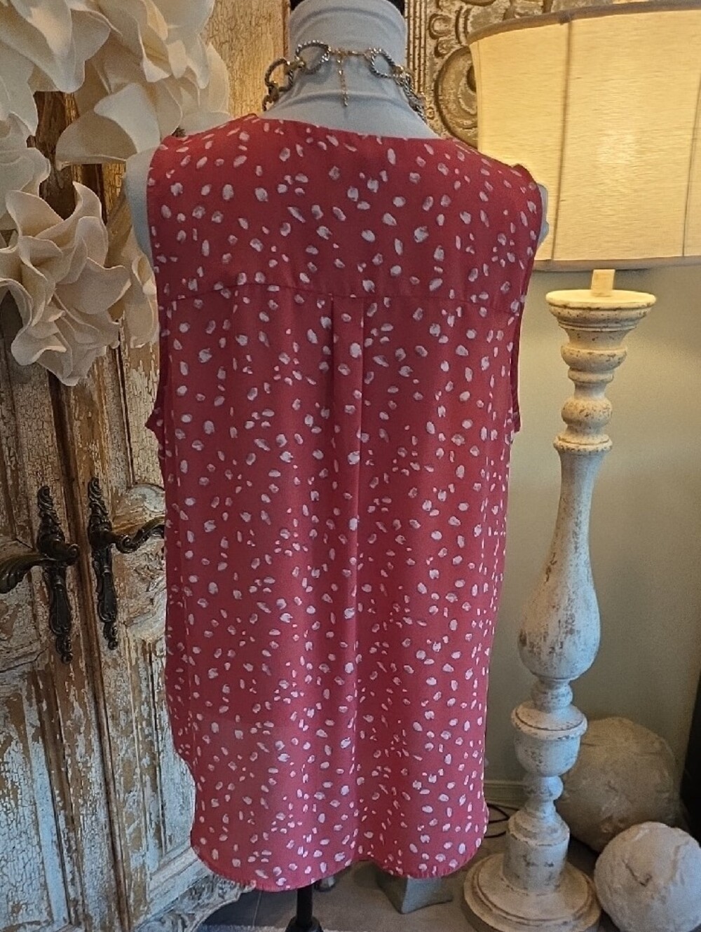 Maurices Coral Sleeveless V-Neck Button Front Tank with White Spot Print - Picture 5 of 6